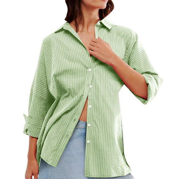 Zedker Womens Button Down Shirts Long Sleeve V Neck Solid Casual Tunics Tops with Pockets Green Plus XL