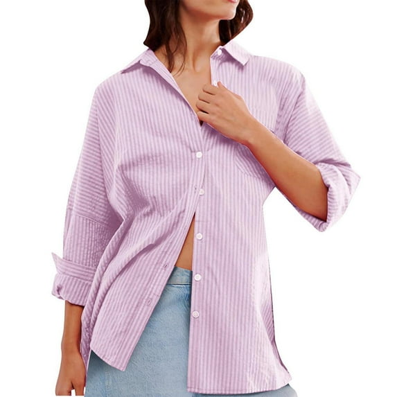 Zedker Womens Button Down Shirts Long Sleeve V Neck Solid Casual Tunics Tops with Pockets Pink Plus S