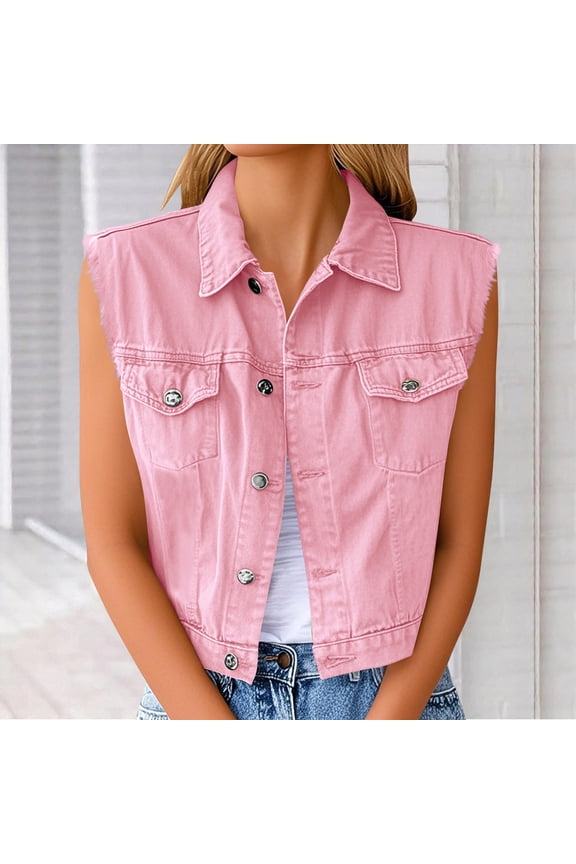 Womens Denim Jean Vest Ripped Lapel Collar Button Up Sleeveless Frayed Jean Jacket Pink Plus L
