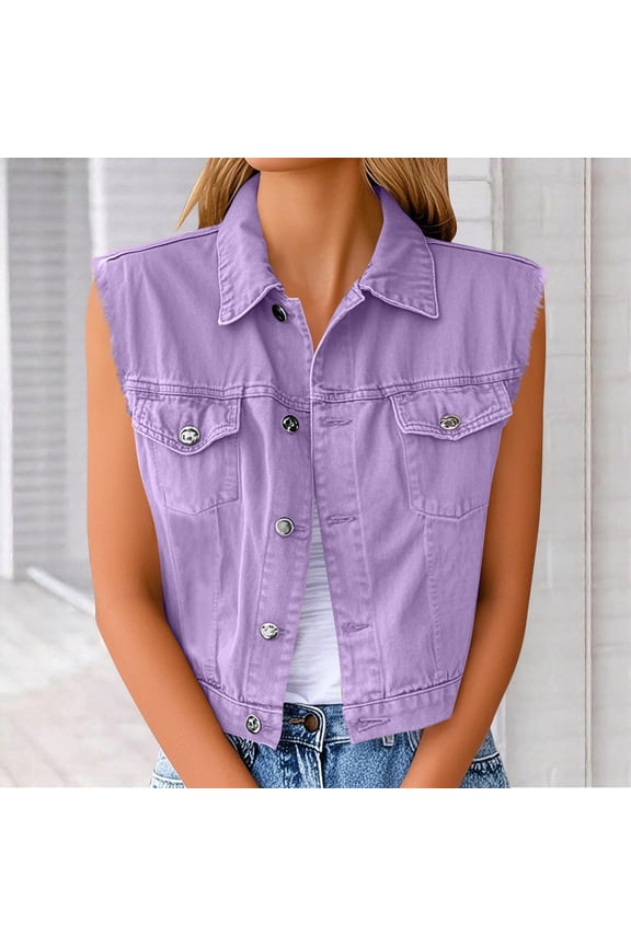 Womens Denim Jean Vest Ripped Lapel Collar Button Up Sleeveless Frayed Jean Jacket Purple Plus XXL