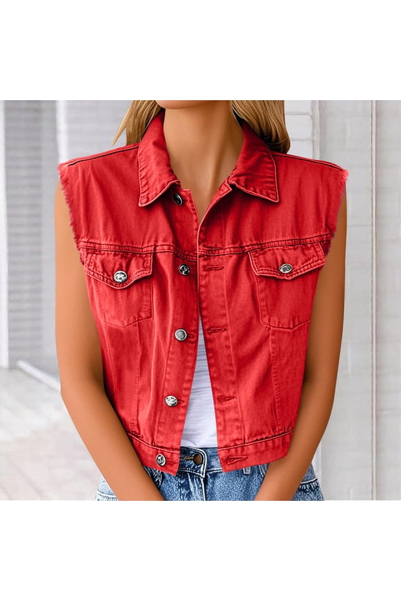 Womens Denim Jean Vest Ripped Lapel Collar Button Up Sleeveless Frayed Jean Jacket Red Plus S