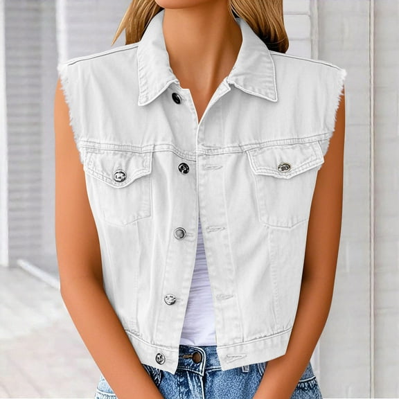 Zedker Womens Denim Jean Vest Ripped Lapel Collar Button Up Sleeveless Frayed Jean Jacket White Plus XL