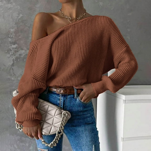 Zedker Womens Fall Casual Long Sleeve Tops Loose Crew Neck Drop Shoulder Knit Going Out Pullover Sweaters Lightweight Ladies Trendy Winter Sweaters for Women 2025,Plus Brown M