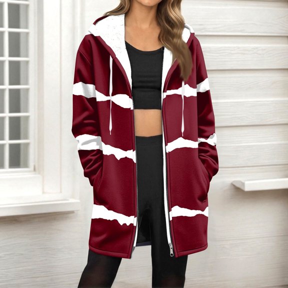 Zedker Womens Fashion Prints Casual Hooded Long Sleeve Loose Zipper Jackets, Comfy Hood Cord Inner Fleece Tops with Pockets,Wine,L