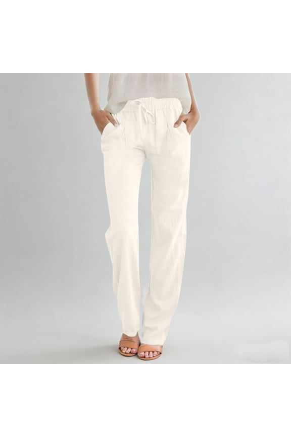Womens Flax Mixture Casual Straight-Leg Long Pants with Pockets Comfy Loose Elastic Waist Drawstring Pants for Summer,White,XXL