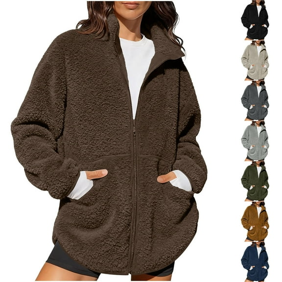 Zedker Womens Fuzzy Fleece Jacket Fall Winter Warm Long Sleeve Sherpa Coats Casual Full Zip Up Outerwear with Pockets Black L