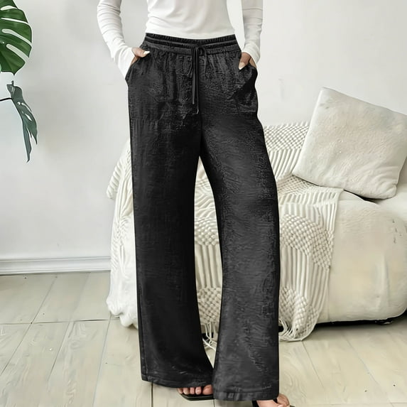 Zedker Womens High Waist Wide-Leg Long Casual Pants for All Seasons Loose Elastic Waist Versatile Pockets Pants with Drawstring,Black,XXL