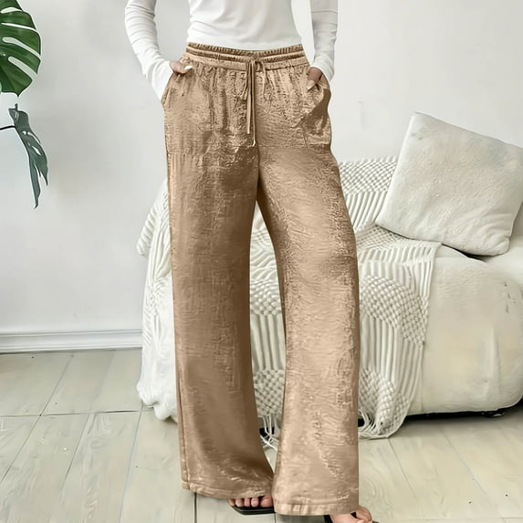 Zedker Womens High Waist Wide-Leg Long Casual Pants for All Seasons Loose Elastic Waist Versatile Pockets Pants with Drawstring,Brown,L