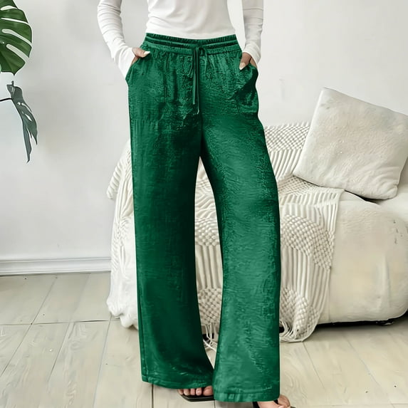 Zedker Womens High Waist Wide-Leg Long Casual Pants for All Seasons Loose Elastic Waist Versatile Pockets Pants with Drawstring,Green,M