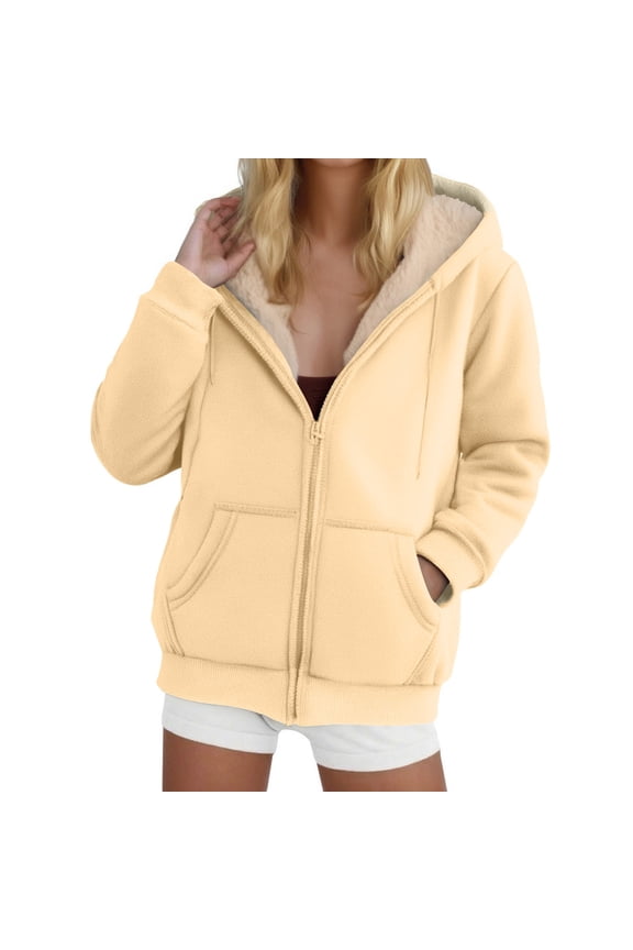Womens Inner Fleece Jackets with Pockets, Casual Hooded Long Sleeve Zipper Tops, Comfy Elastic Cuffs Hood Cord Outerwears,Beige,XXXL