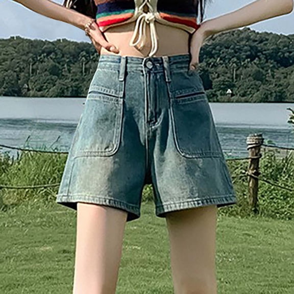 Zedker Womens Jean Shorts Y2K High Waisted Wide Leg Casual Summer Shorts with Pockets Blue Plus S