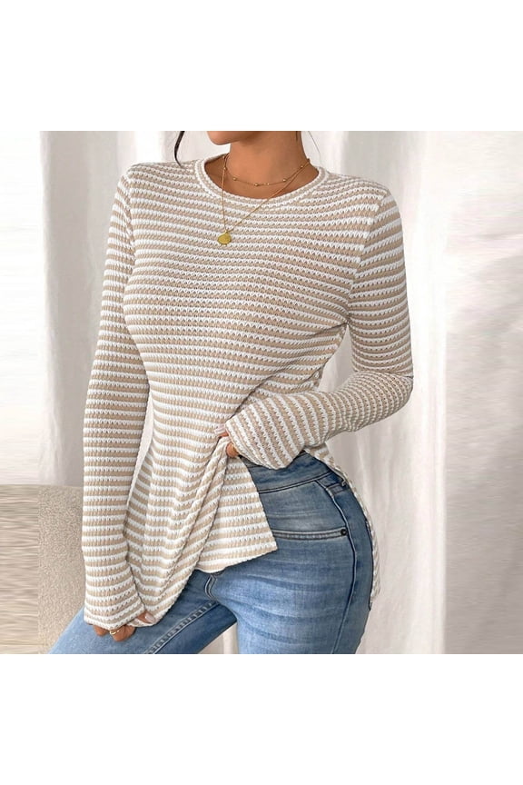 Womens Knitted Sweaters with Side Slit Casual Crewneck Long Sleeve Thermal Shirts for Women Loose Tops with Irregular Wave Hem,Beige,XXL