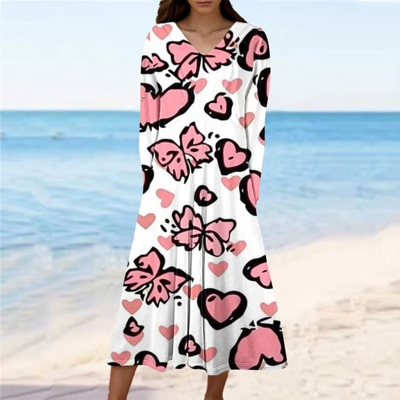 Zedker Womens Long Sleeve Dresses for Wedding Cocktail Party Valentine's Day Gifts Casual Hearts Swing Sundress Soft Midi Dress for Ladies