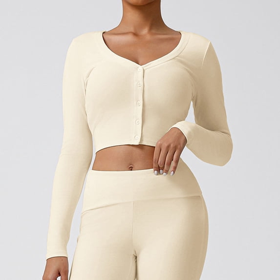 Zedker Womens Long Sleeve Front Button Up Fall Fashion Knit V Neck Cropped Knit Cardigan Jacket Tops Beige Plus L