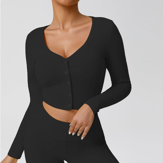 Zedker Womens Long Sleeve Front Button Up Fall Fashion Knit V Neck Cropped Knit Cardigan Jacket Tops Black Plus S