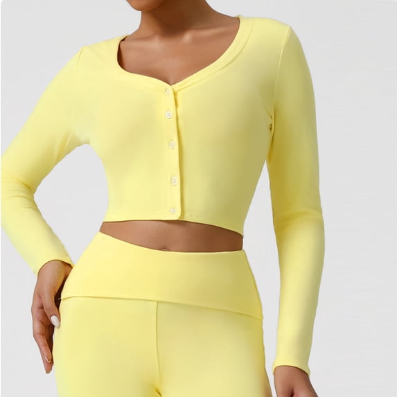 Zedker Womens Long Sleeve Front Button Up Fall Fashion Knit V Neck Cropped Knit Cardigan Jacket Tops Yellow Plus M