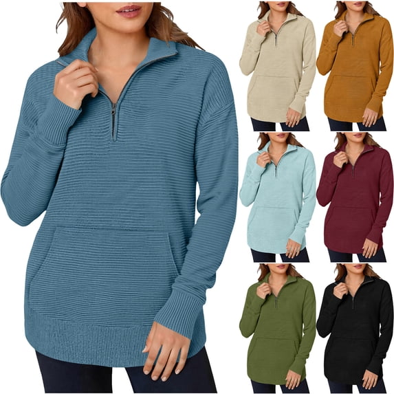 Zedker Womens Long Sleeve Quarter Zip Pullover Sweater Casual Loose V Neck Collared Ribbed Knit Jumper Tops with Pockets Green L