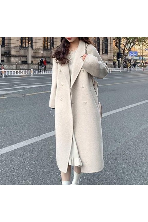 Womens Long Wool Coat Double Breasted Trench Coat Fall Winter Clothes,Plus Size BeigeXXXL