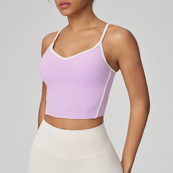 Zedker Womens Longline Sports Bras - Spaghetti Straps Running Crop Tanks Yoga Tops Purple Plus M