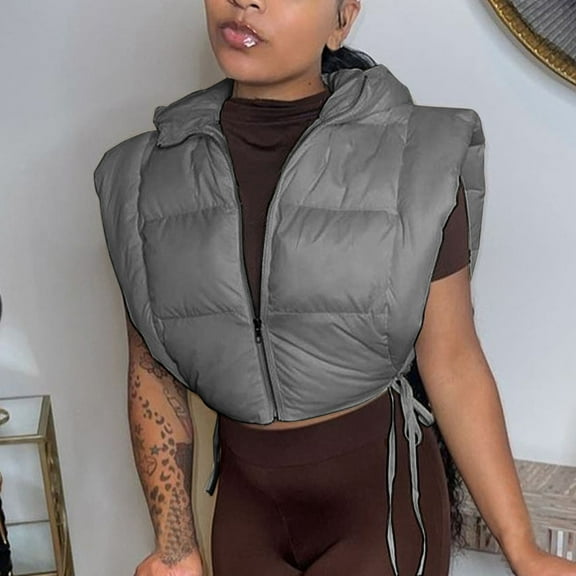 Zedker Womens Outerwear Vests with Zipper and Side Drawstrings Comfortable Loose Hooded Sleeveless Casual Puffer Jackets,Gray,XL