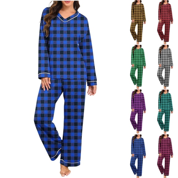 Zedker Womens Pajama Sets Checkered Printed V Neck Top Long Sleeve And Pants Set Baggy Fitting Pullover Two Piece Home Clothes Set Pink XL