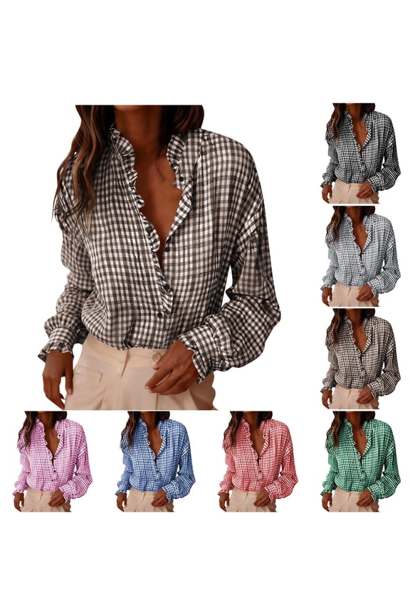 Womens Plaid Ruffle V Neck Button Down Blouse Casual Long Sleeve Gingham Trendy Tops Work Checkered Shirt