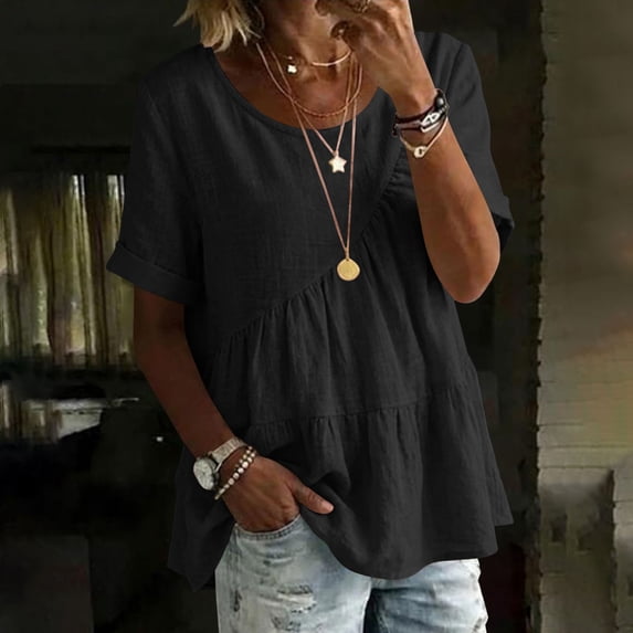 Zedker Womens Puff Sleeve Babydoll Tops Summer Flowy Pleated Cotton T-Shirts Casual Loose Fit Cute Blouse Black L