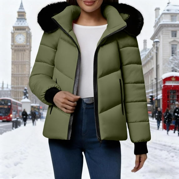 Zedker Womens Puffer Jackets with Detachable Hood, Casual Hoode Long Sleeve Faux Plushed Collar Fall Winter Thermal Tops with Pockets,Army Green,L