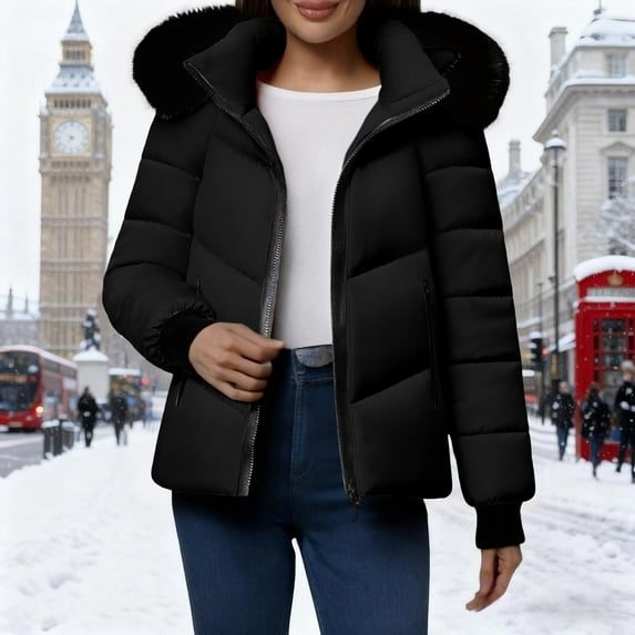 Zedker Womens Puffer Jackets with Detachable Hood, Casual Hoode Long Sleeve Faux Plushed Collar Fall Winter Thermal Tops with Pockets,Black,L