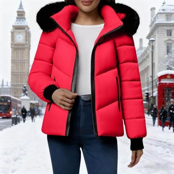 Zedker Womens Puffer Jackets with Detachable Hood, Casual Hoode Long Sleeve Faux Plushed Collar Fall Winter Thermal Tops with Pockets,Red,XXXL