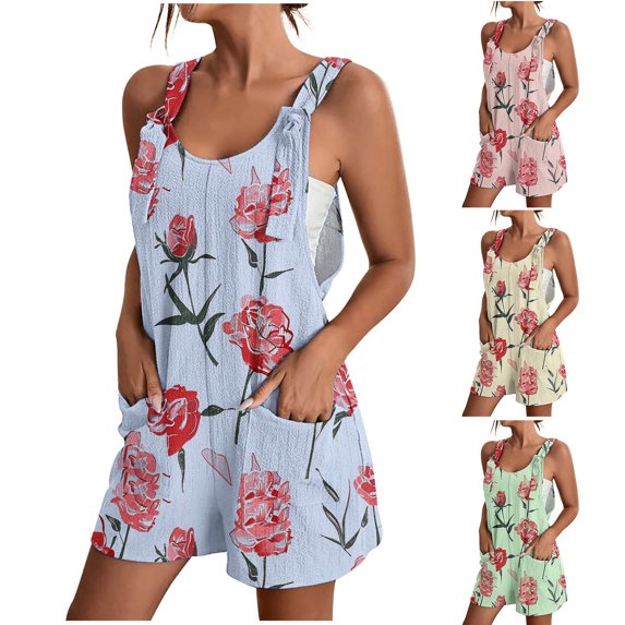 Zedker Womens Rompers Summer Short Jumpsuits Casual Scoop Neck Sleeveless Romper with Pockets Green L