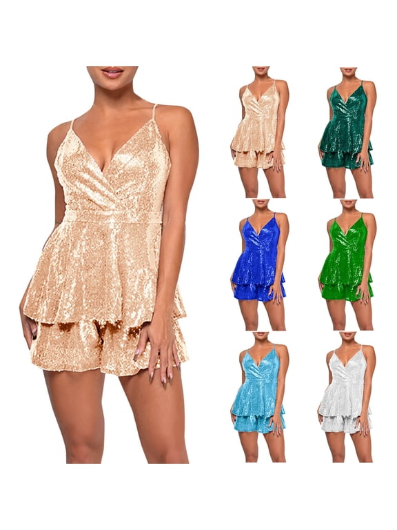 Womens Spaghetti Strap Sequin Rompers Wrap V Neck Ruffle Shorts Jumpsuits One Piece Party Concert Outfit White M