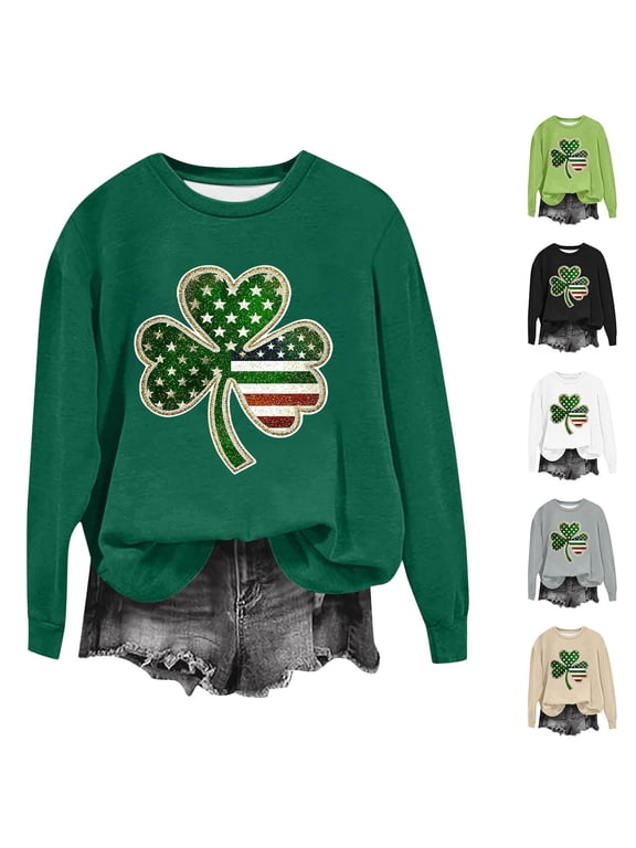 Womens St Patricks Day Tops 2026 Irish Shamrock Casual Long Sleeve Pullover Casual Crewneck Sweater Tops