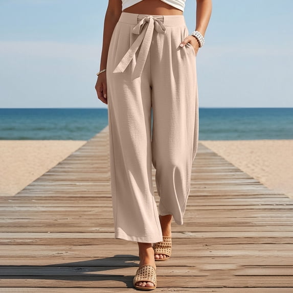 Zedker Womens Straight-Leg Elastic Waist Ankle-Length Pants for Springtime and Summer Casual Loose Drawstring Pants with Pockets,Beige,L