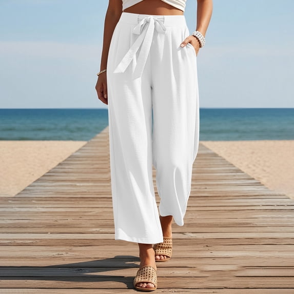 Zedker Womens Straight-Leg Elastic Waist Ankle-Length Pants for Springtime and Summer Casual Loose Drawstring Pants with Pockets,White,M