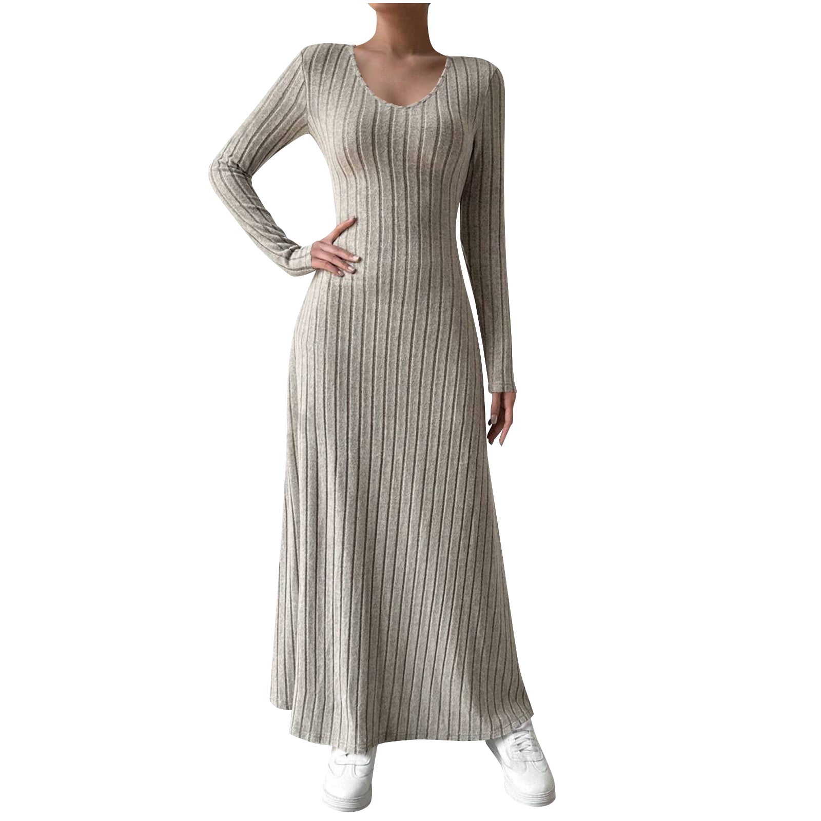 Zedker Womens Sweater Maxi Dress Winter Fall Pleated Knitted Fitted and Flare Long Sleeve Dress Khaki Plus M