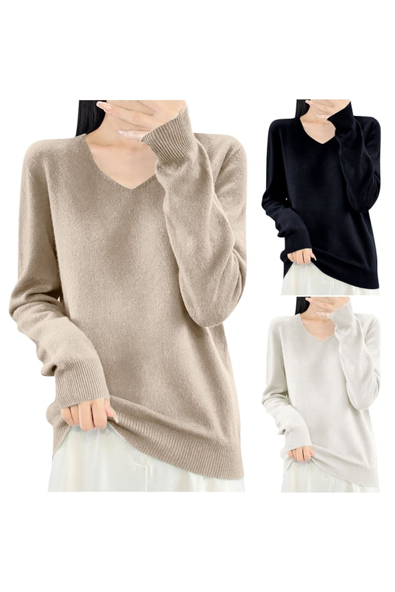 Womens Sweaters V Neck Long Sleeve Knit Tops Fall Winter Soft Comfy Clothes Solid Color Casual Pullover Sweater Khaki XL