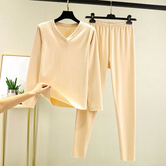 Zedker Womens V-Neck Long Sleeve Top and Taper Long Pant with Elastic Waist Casual Double-Sided Fleece Thermal Pajamas 2 Piece Set,Beige,L
