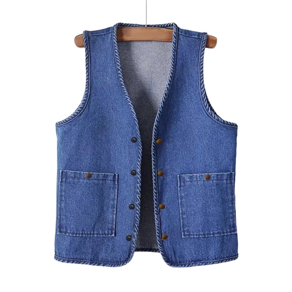 Zedker Womens Vest Sleeveless Denim V Neck Vintage Button Down Soft Cowboy Fall Outdoor Outwear Dark Blue Plus XXXL