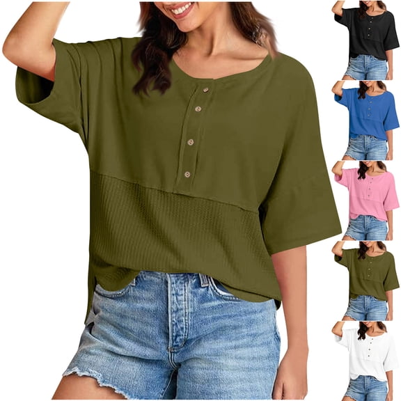 Zedker Womens Waffle Knit Tops 2025 Fashion Elbow Sleeve Casual Button Down Shirts Crew Neck Oversized Patchwork Blouses White XXL