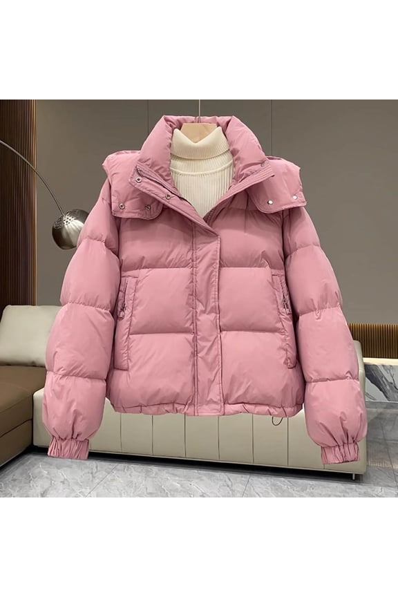 Womens Winter Cropped Puffer Jackets Long Sleeve Hooded Zip Up Waterproof Warm Quilted Jacket Coat Pink Plus L