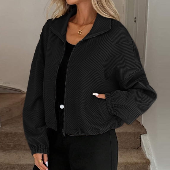 Zedker Womens Wool Jackets Fall Winter Cropped Zip Up Coat Hoodless Outwear with Pockets,Plus Size BlackS