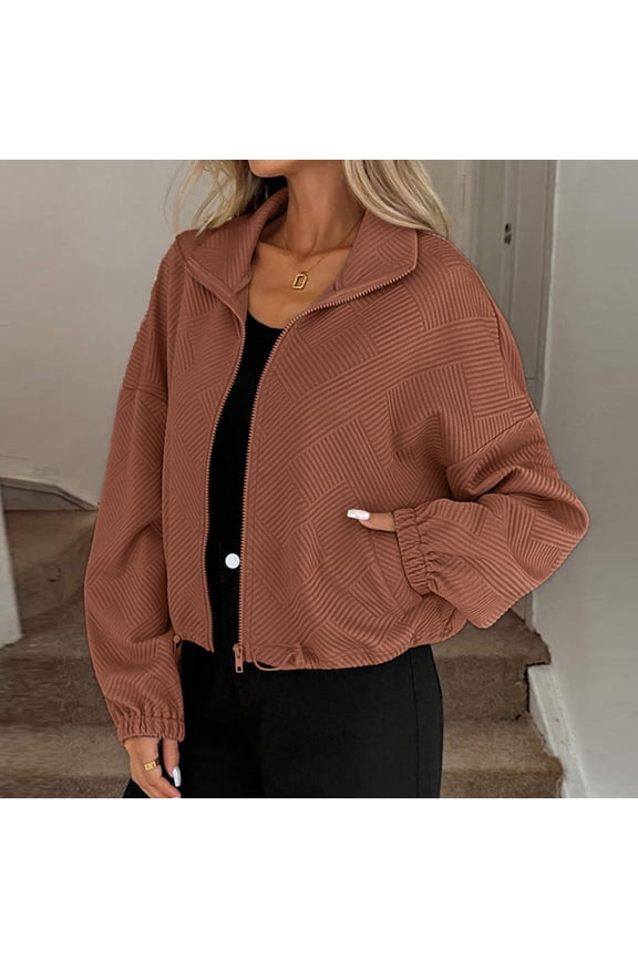 Womens Wool Jackets Fall Winter Cropped Zip Up Coat Hoodless Outwear with Pockets,Plus Size BrownS