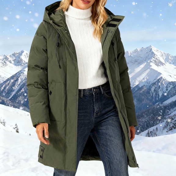 Zedker Womens Zipper Long Puffer Jackets with Pockets Casual Hooded Long Sleeve Comfy Loose Thicken Thermal Coats for Fall and Winter,Army Green,XXL