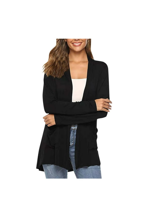 Zedker long cardigans for women Long Duster Open Front Fashion Trendy Lightweight Knit with Pocket, Plus Size Black L
