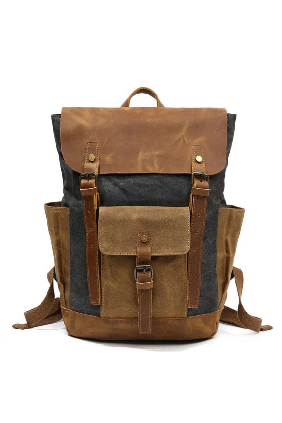 - Men's Canvas Crazy Horse Leather Travel Backpack