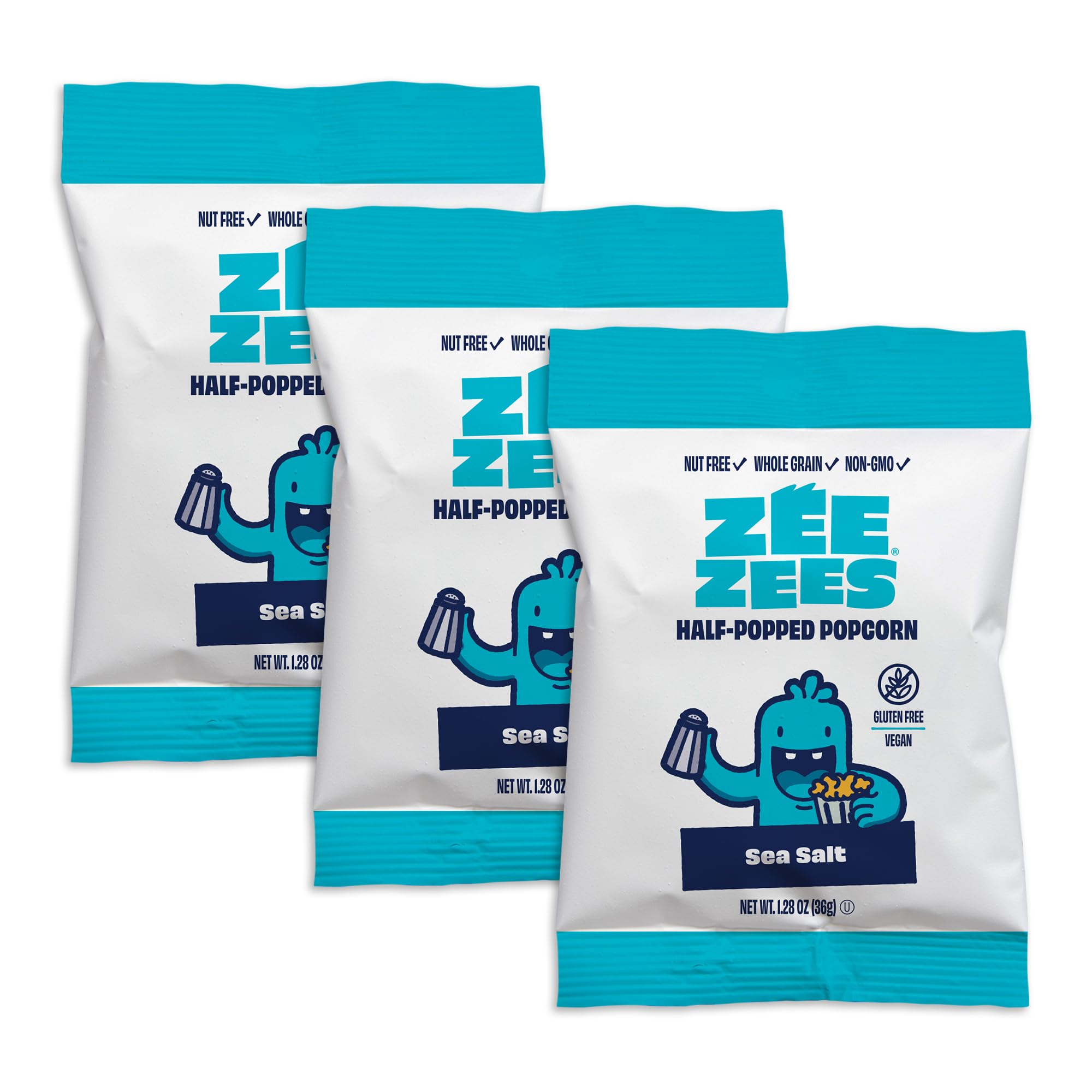 Zee Zees Sea Salt MMF7 HalfPopped Popcorn, 1.28oz, 18 Count, Nut Free