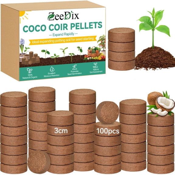 ZeeDix 100 Pcs 30mm Compressed Coco Coir Fiber Potting Soil- Organic Coco Coir Pellet Fiber Soil for Planting Bonsai, Herbs, Plants, Flowers and Vegetables