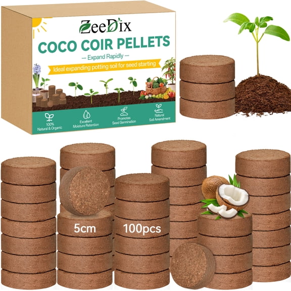 ZeeDix 100 Pcs  50mm Compressed Coco Coir Fiber Potting Soil- Organic Coco Coir Pellet Fiber Soil for Planting Bonsai, Herbs, Plants, Flowers and Vegetables