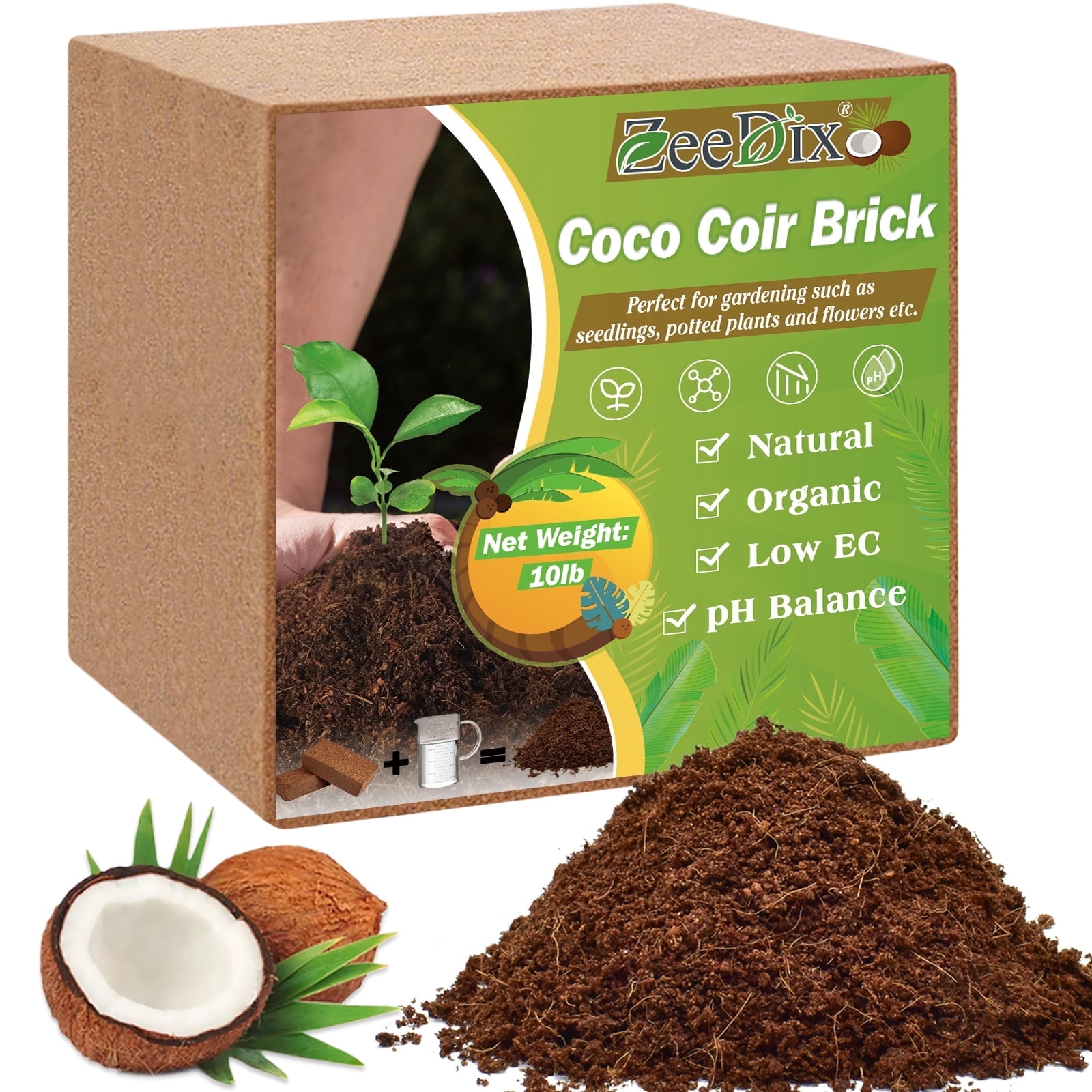 ZeeDix 10lb of  100% Organic Coco Coir Bricks with Low EC and pH Balance High Expansion Coco Fiber for Herbs, Flowers,Plants Gardening Renewable Coconut Soil